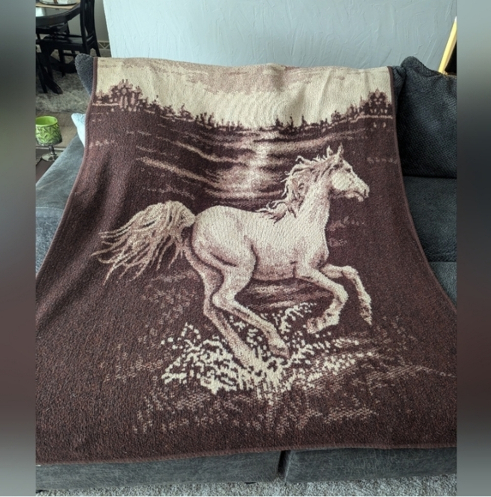 VINTAGE HORSE EQUESTRIAN FLEECE BIEDERLACK STYLE BLANKET REVERSIBLE